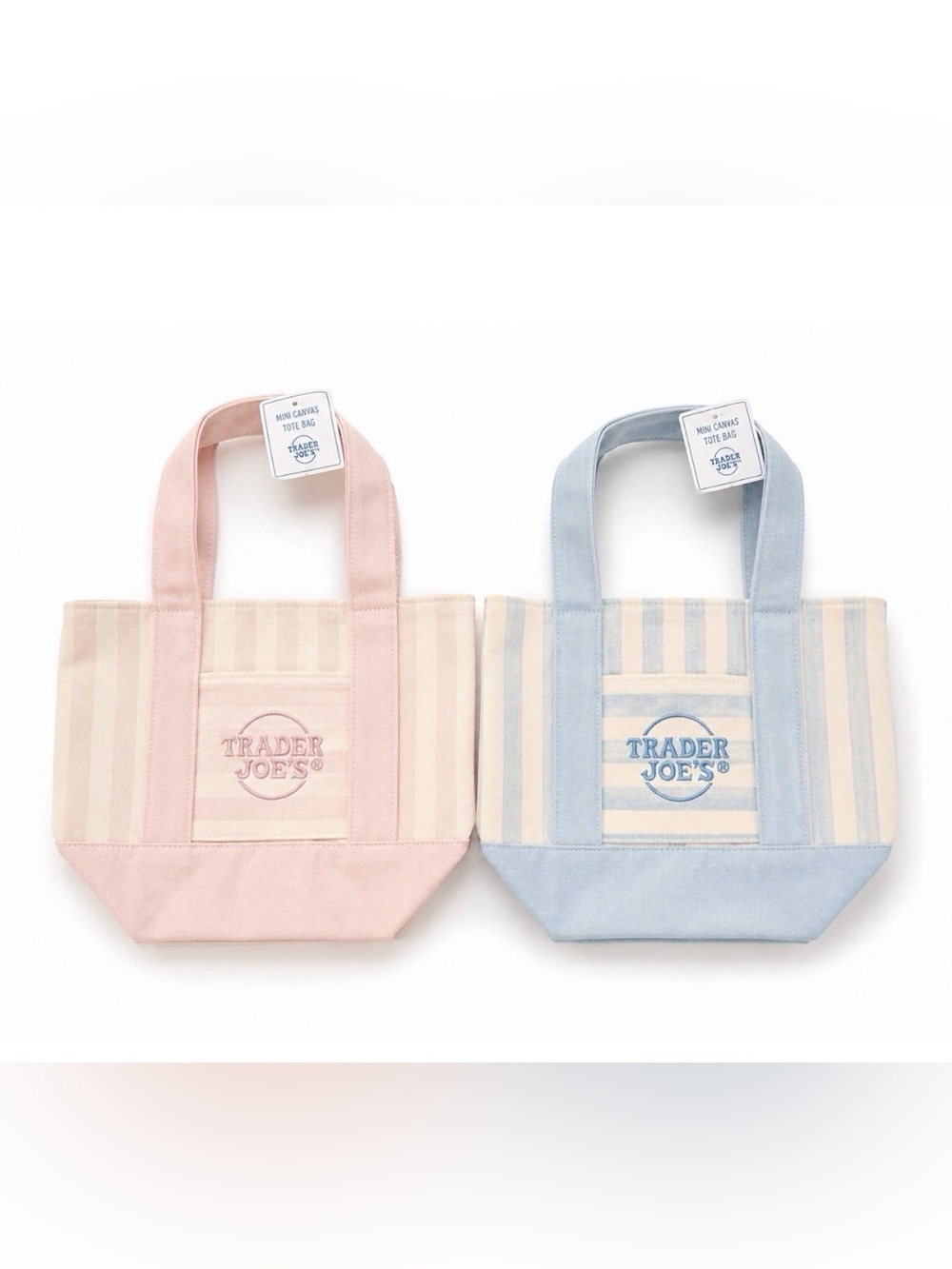 NEW Trader Joes Striped Mini Canvas Tote Bag |Pink & Blue| Set of 2 Limited Ed